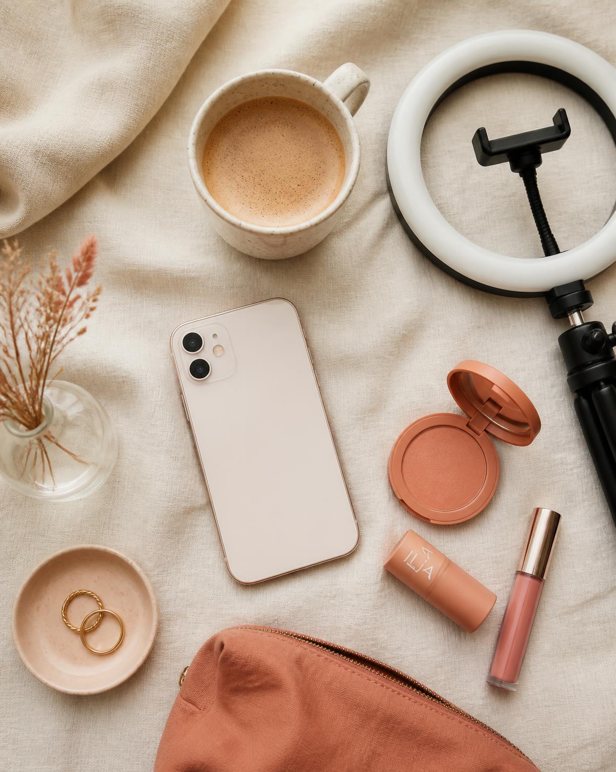 Creator flat lay with phone, ring light and cosmetics